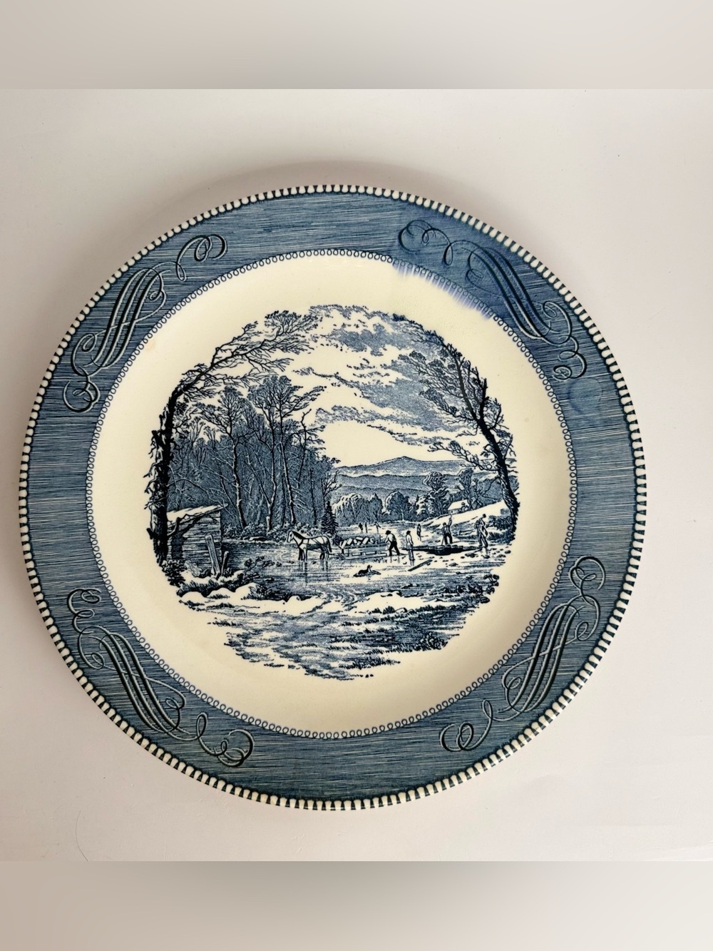 Royal Currier & Ives Getting Ice 12” Blue Transferware Chop Plate